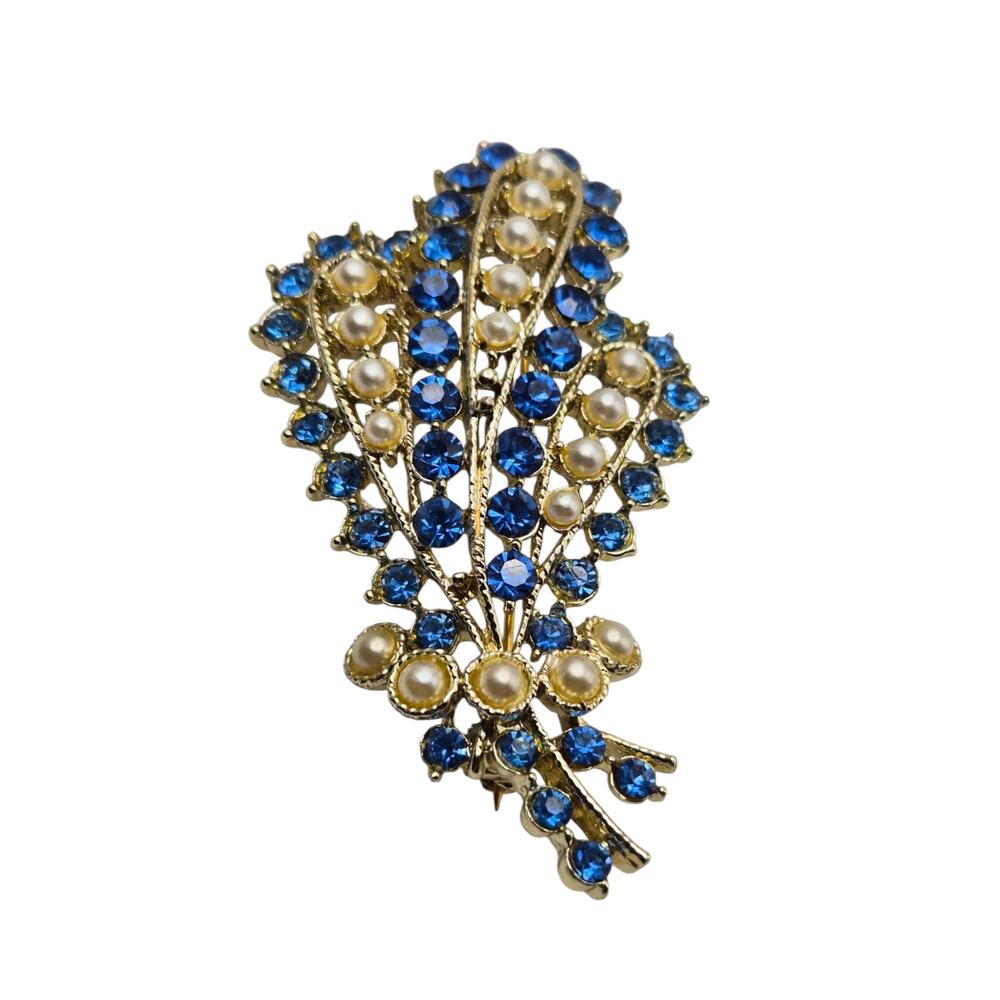 Vintage Blue Rhinestone Faux Pearl Brooch Gold Tone Floral Spray Pin